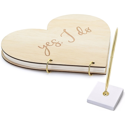 Gastenboek/receptieboek met luxe pen in houder - Bruiloft - goud/hout - 27 x 25 cm -