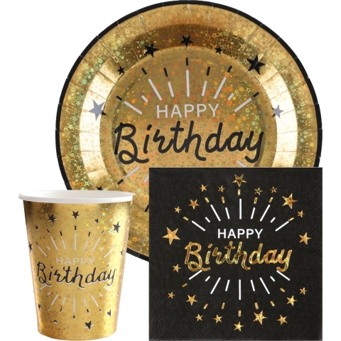 Verjaardag feest bekertjes/bordjes en servetten happy birthday - 60x - goud -