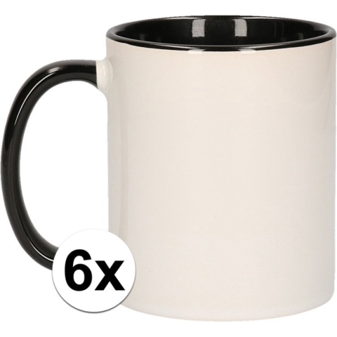 Koffiemok / thee beker - 6x - 300 ml - Wit/zwart - Cadeau mokken - keramiek -