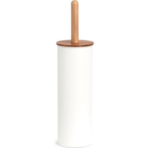 WC/Toiletborstel in houder - 2x - bamboe hout/metaal - wit - H38 x D10 cm -