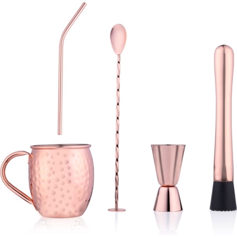 Moscow Mule cocktail set - 7-delig - koperkleurig - metaal - 450 ml -