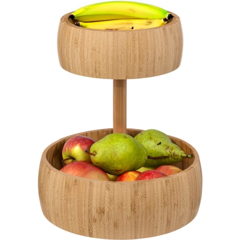 5Five Fruitschaal/fruitmand Bali XL - bamboe hout - D29 x H35 cm - bruin - 2 niveaus opslag -