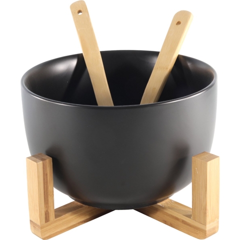 Secret de Gourmet saladeschaal/kom op standaard - met couvert - bamboe - zwart - D30 x 17 cm -