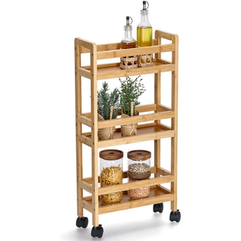 Keuken Trolley - met 3 niveaus - bruin - bamboe hout - 36 x 15 x 74 cm - 4 zwenkwielen -