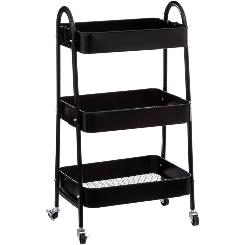 Keukentrolley/kast - zwart - metaal - 78 x 44 x 32 cm - 3 niveaus - draadmanden -