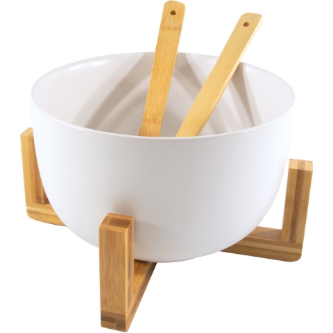 Secret de Gourmet saladeschaal/kom op standaard - met couvert - bamboe - wit - D30 x 17 cm -