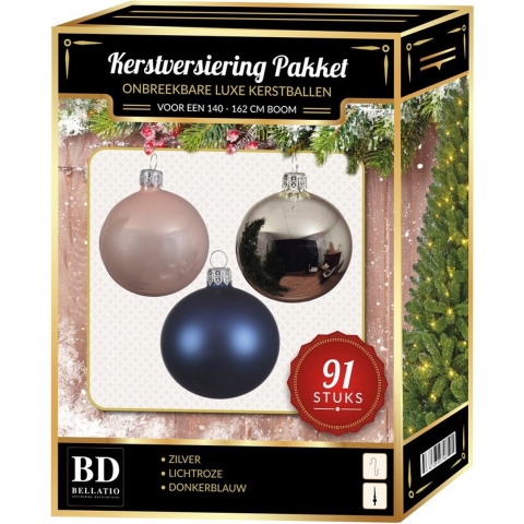 Kerstbal en piek set 91x zilver-lichtroze-donkerblauw voor 150 c -