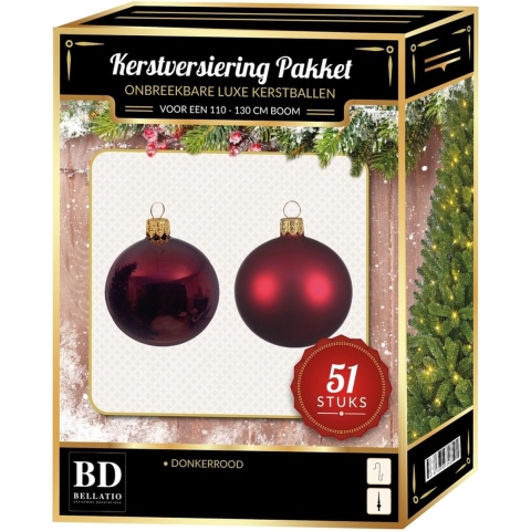 Kerstbal en ster piek set 51x donkerrood voor 120 cm boom -