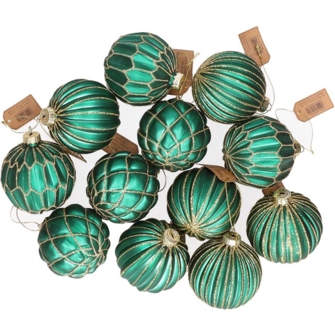 12x Groene glazen kerstballen met zilveren decoratie 8 cm -