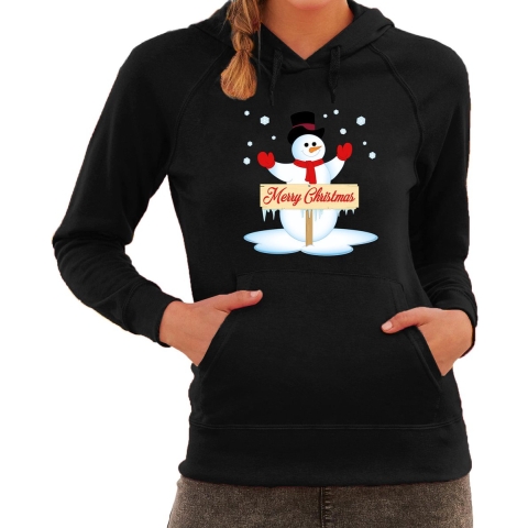 Sneeuwpop Merry Christmas foute Kerst hoodie / hooded sweater zwart voor dames L -