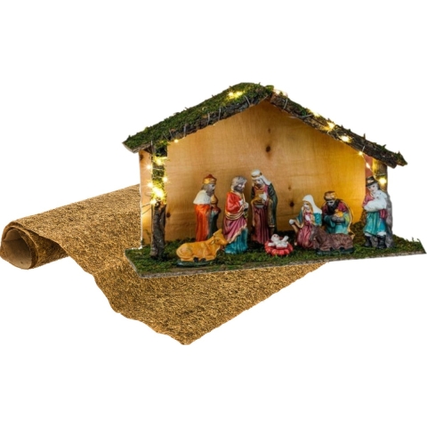 Complete verlichte kerststal inclusief beelden en ondergrond -