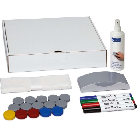 Maul Whiteboard accessoireset 6385909 Doos incl. 4 whiteboardmarkers, wisser, reiniger, 15 magneten (rond, 32 mm)