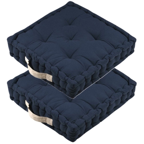 Stof Textile Vloerkussen DUO - 2x - donkerblauw - katoen - 45 x 45 x 10 cm - vierkant - Extra dik -