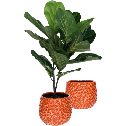 Plantenpot/bloempot Pebblo - 2x - keramiek/geglazuurd - oranje - druppels - D21 x H17 cm -