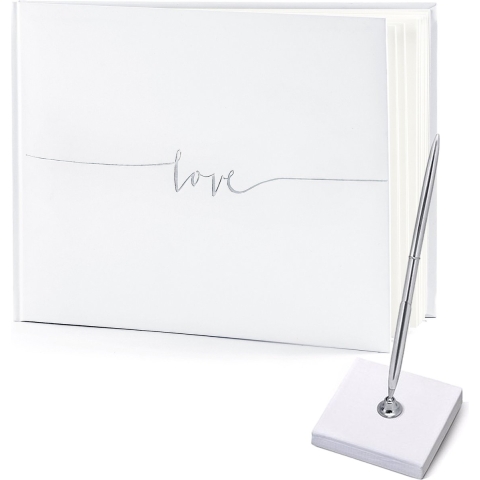 Gastenboek/receptieboek met luxe pen in houder - Bruiloft - wit/zilver - 24 x 18,5 cm -