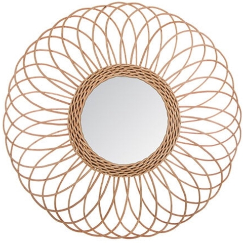 Wandspiegel Gwenn - rozet motief - Boho/ibiza stijl - rotan - lichtbruin - rond - 58 cm -