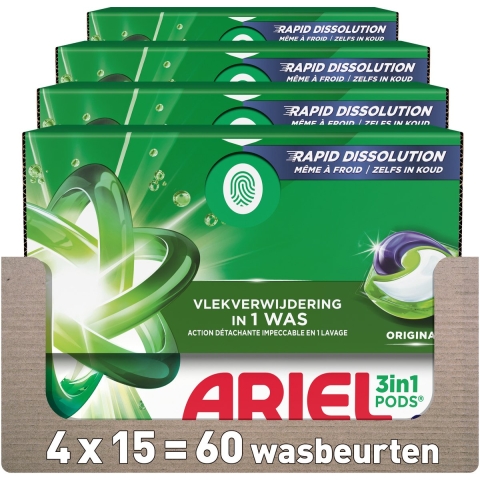 4x Ariel 3in1 Wasmiddel Pods Original 15 stuks