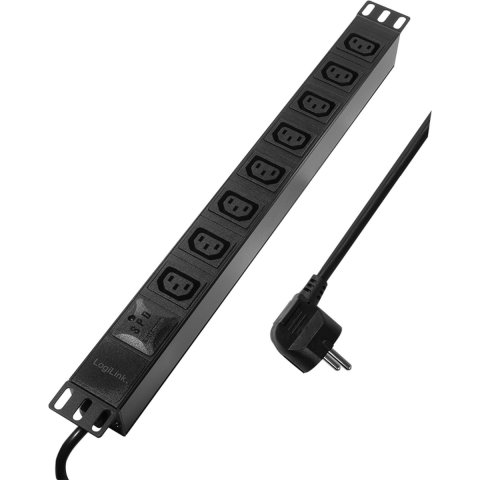LogiLink PDU8A01 19 inch Stekkerdoos voor patchkast 1 HE Apparaatcontactdoos C13 10A Vast inbouw, Met schakelaar Zwart
