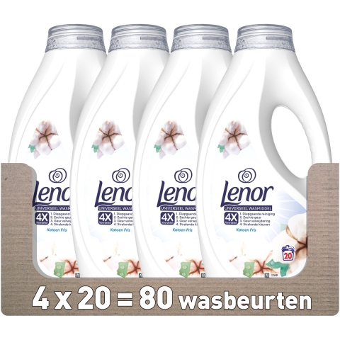 4x Lenor Vloeibaar Wasmiddel Katoen Fris 20 Wasbeurten 900 ml