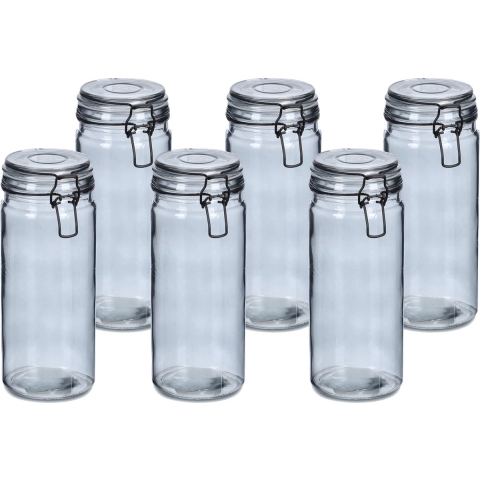 Voorraadpotten/bewaarpotten - 6x - 1L - grijs - glas - beugelsluiting - D10 x H20 cm -