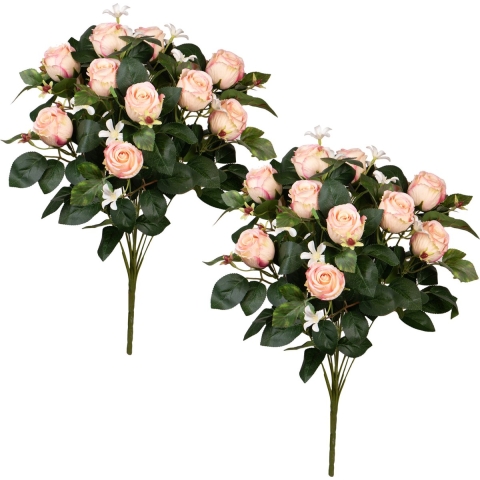Kunstbloemen boeket rozen met bladgroen - 2x - lichtroze - H49 cm - Bloemstuk -
