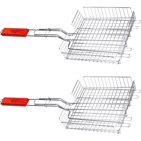 BBQ/barbecue rooster - 2x - grill mand - metaal/hout - 42 x 66 x 7 cm -