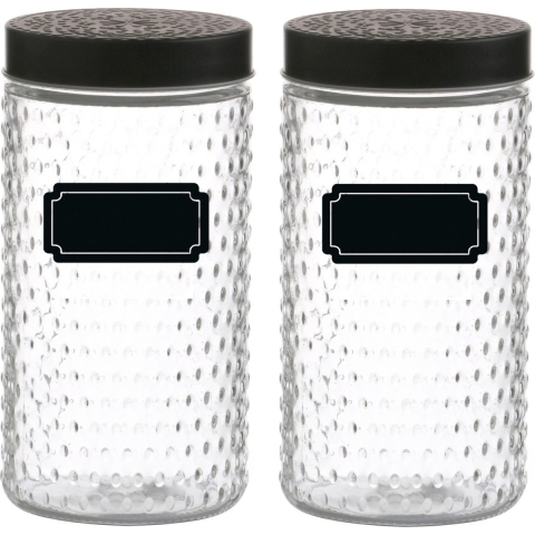 Voorraadpot/bewaarpot Roma - 4x - 1.5L - glas - zwart - incl. etiketten -