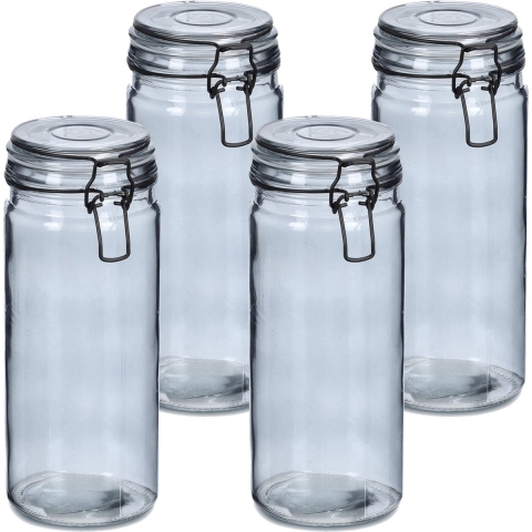 Voorraadpotten/bewaarpotten - 4x - 1L - grijs - glas - beugelsluiting - D10 x H20 cm -