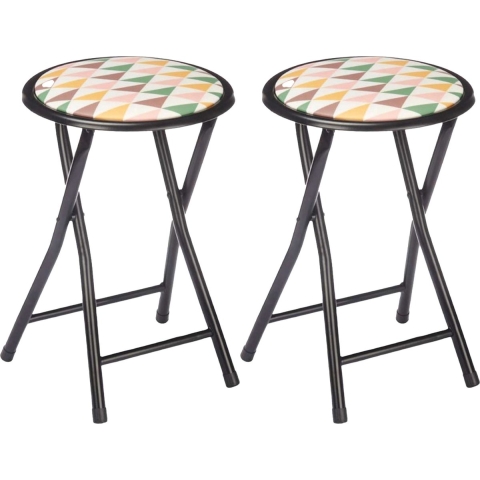 Bijzet krukje/stoel - 2x - Opvouwbaar - zwart/deco patroon - D30 x H45 cm -