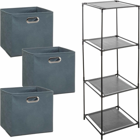 Kastmandjes/opberg mandjes - grijsblauw - 3x stuks van 29 Liter - In rekje van 34 x 98 cm -