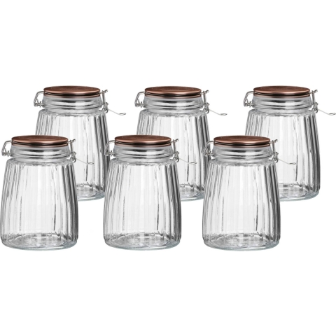 Voorraadpot/bewaarpot - 6x - 1,5L - glas - met beugelsluiting - koperen deksel -