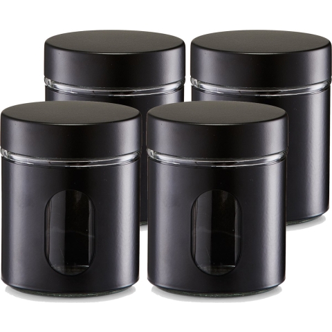 Voorraadpot/blik met venster - 4x - zwart - 600 ml - glas/metaal -