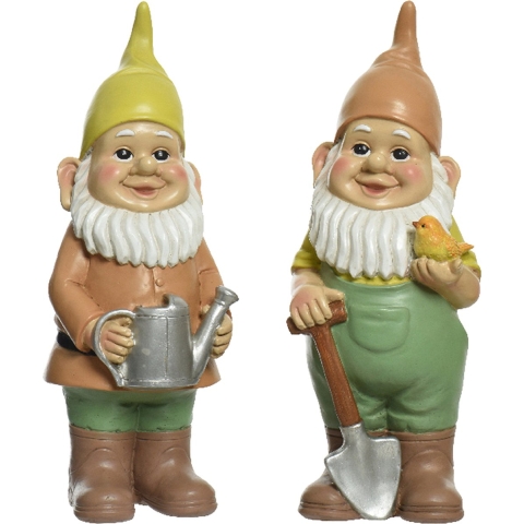 Tuinkabouter set 2x - tuinierende kabouters - kunststeen - H29 cm -