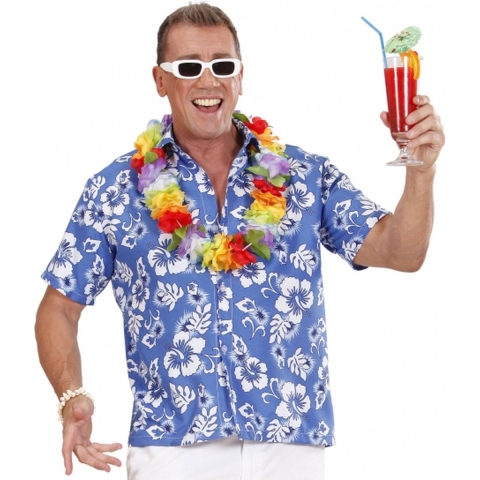 Hawaii blouse blauw met witte bloemen XL -