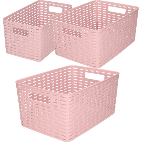 Set van 8x stuks opbergboxen/opbergmandjes rotan oud roze kunststof -