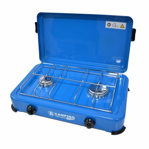 Camping kookpit/kookstel - 2-pits - blauw - metaal - 47 x 34 x 10 cm - voor gasfles -