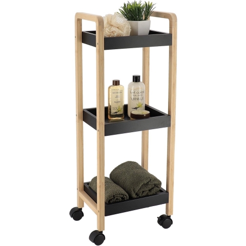 Keuken/badkamer trolley 3 laags - 29 x 21 x 79 cm - zwart - bamboe hout - met wielen -