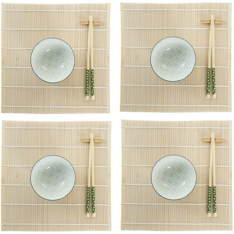 16-delige sushi serveer set aardewerk voor 4 personen groen/wit -