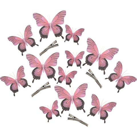12x stuks decoratie vlinders op clip - roze - 3 formaten - 12/16/20 cm -
