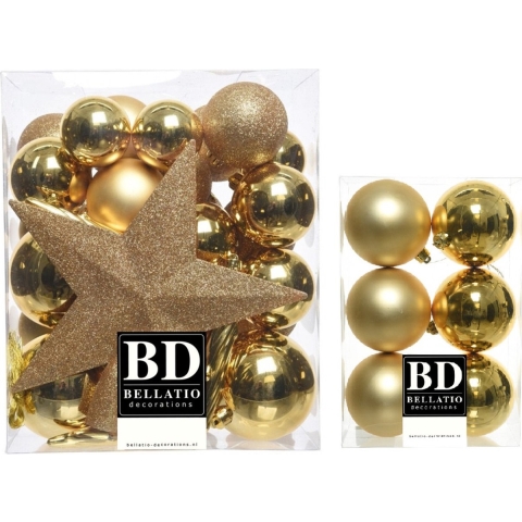 39x stuks kunststof kerstballen met ster piek goud mix 5, 6 en 8 cm -