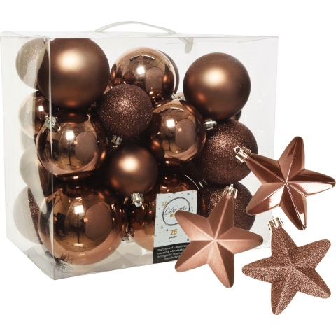 Pakket 32x stuks kunststof kerstballen en sterren ornamenten walnoot bruin -