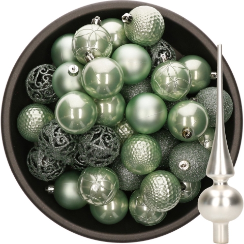37x stuks kunststof kerstballen 6 cm mintgroen incl. glazen piek mat zilver -