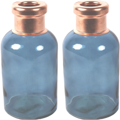 Bloemenvaas Firm Bottle - 2x - transparant blauw/koper - glas - D10 x H21 cm -