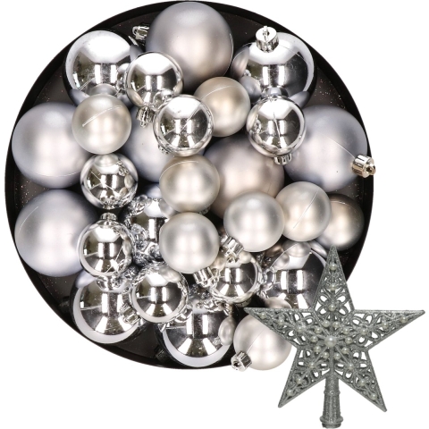 Kerstversiering kunststof kerstballen met piek zilver 6-8-10 cm pakket van 45x stuks -