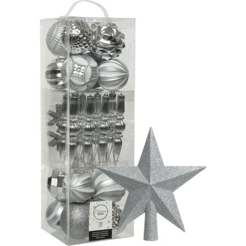 Decoris 30x st kunststof kerstballen, ornamenten en piek zilver -