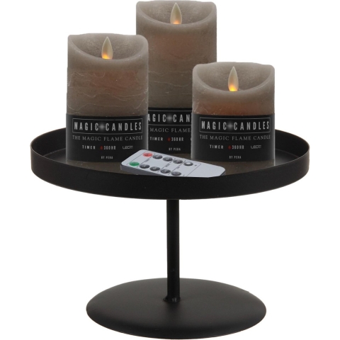 LED kaarsen/stompkaarsen - 3x st - beige - met zwart rond kaarsenbord 22 cm -