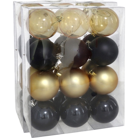 Kerstballen set - 48x stuks - 7 cm - zwart en goud - kunststof - kerstversiering -