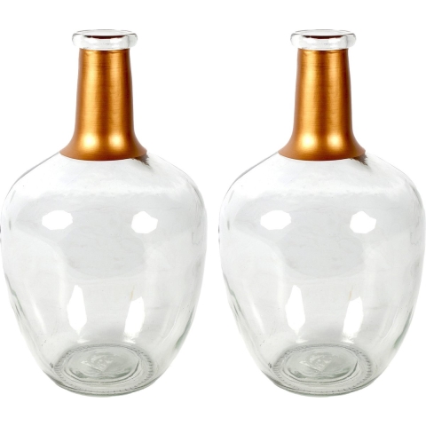 Bloemenvaas Firm Big Bottle - 2x - helder transparant/koper - glas - D18 x H30 cm -