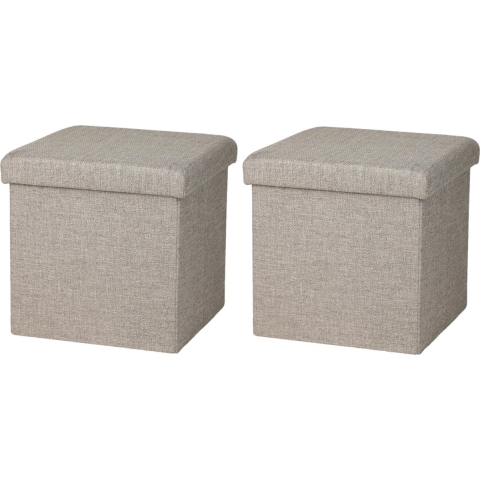 Poef/hocker - 2x - opbergbox zit krukje - beige - polyester/mdf - 38 x 38 cm - opvouwbaar -