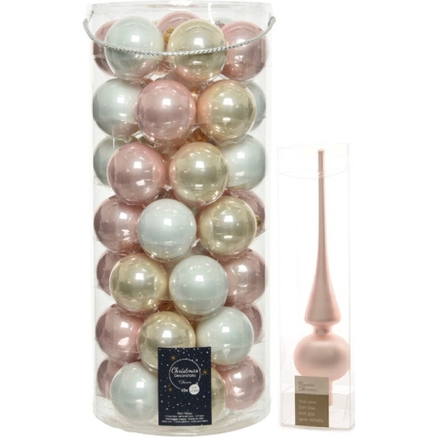 49x stuks glazen kerstballen lichtroze/parel/wit 6 cm inclusief lichtroze piek -